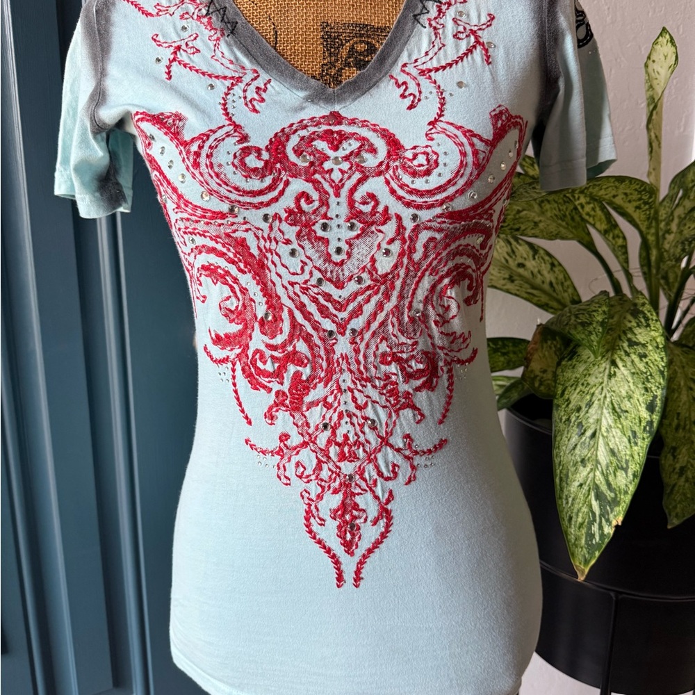 Women's Red and Blue Embellished Top